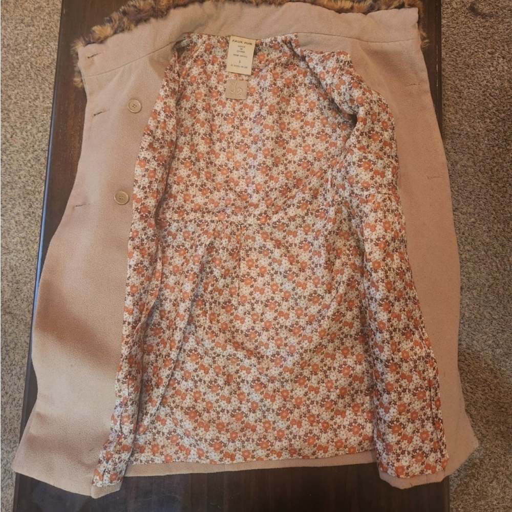 Jou Jou Camel Pea Coat with Leopard Faux Fur Accents - Picture 4 of 10